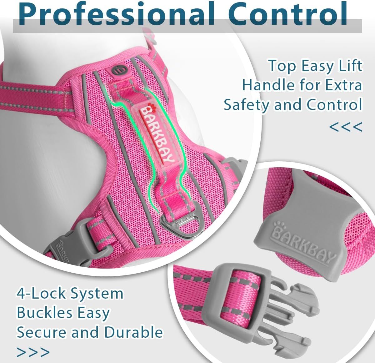 Dog Harness No Pull with ID Tag Pocket - Heavy Duty, Reflective, Easy Control for Large Dogs(Pink,L)