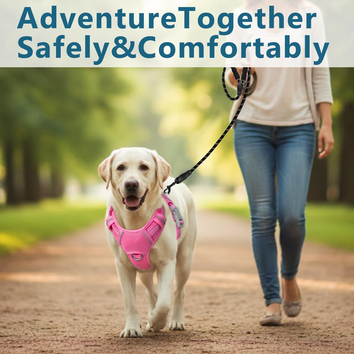 Dog Harness No Pull with ID Tag Pocket - Heavy Duty, Reflective, Easy Control for Large Dogs(Pink,L)