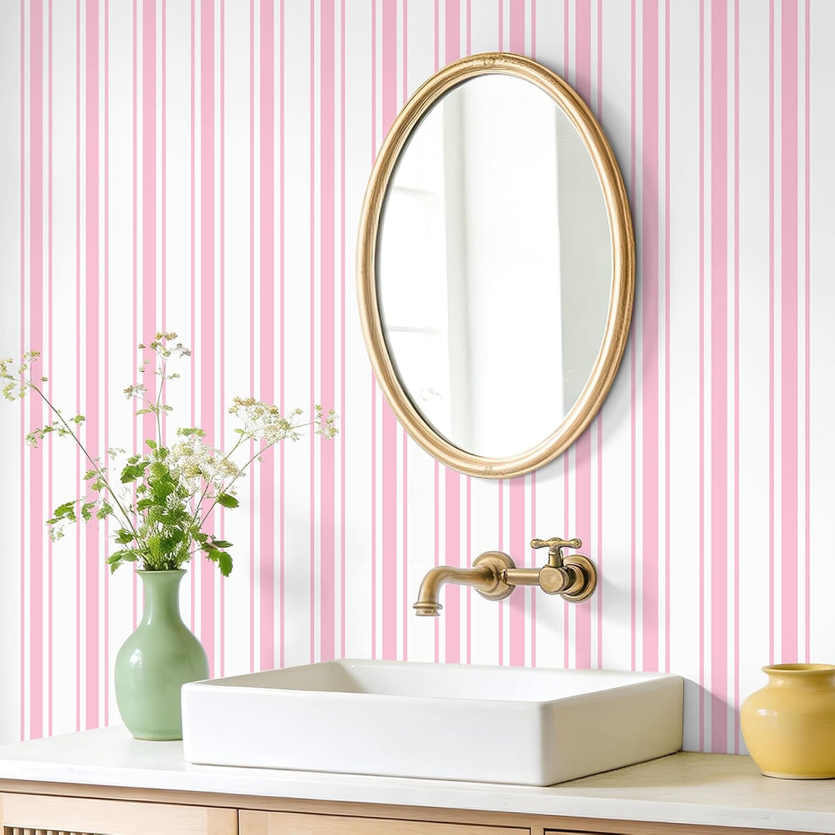 Pink Striped Wallpaper Peel and Stick Preppy Pink Stripe Contact Paper for Cabinets Accent Walls Nursery 17.7''x118'' Removable Self Adhesive Striped Geometric Wallpaper for Bedroom Girls Room