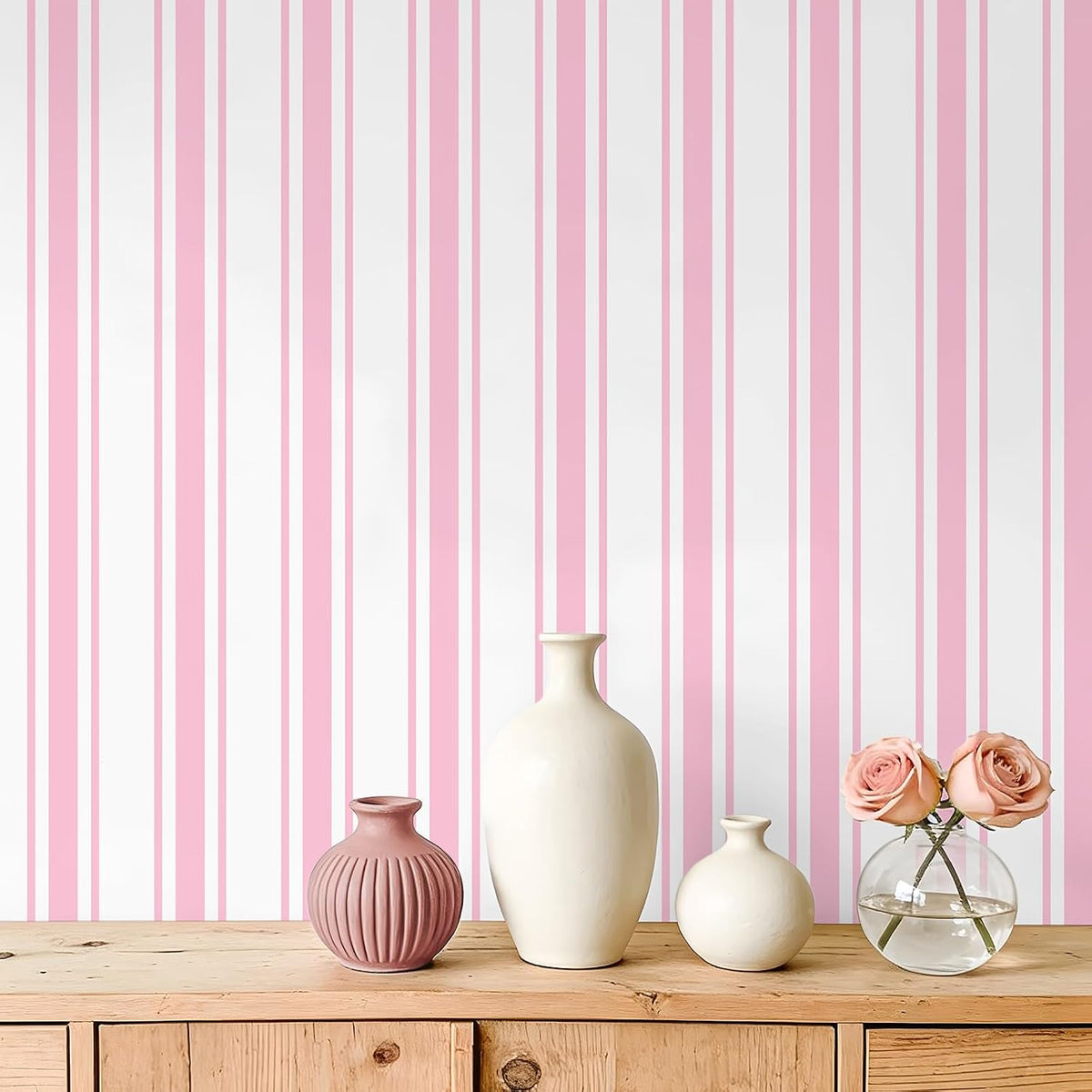 Pink Striped Wallpaper Peel and Stick Preppy Pink Stripe Contact Paper for Cabinets Accent Walls Nursery 17.7''x118'' Removable Self Adhesive Striped Geometric Wallpaper for Bedroom Girls Room