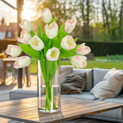 12pcs Pink Tulips Artificial Flowers Real Touch Silk Fake Flowers Faux Tulip Stems for Wedding Spring Bouquet Floral Arrangement Home Decorations Table Centerpiece