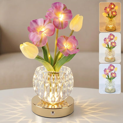 Flower Table Lamp, 3-Color Touch Dimming Tulip Glass Night Light, Rechargeable Artificial Flower Light, Desktop Ambient Light Romantic Gifts for Girls Women Mom (Pink-Sakura)