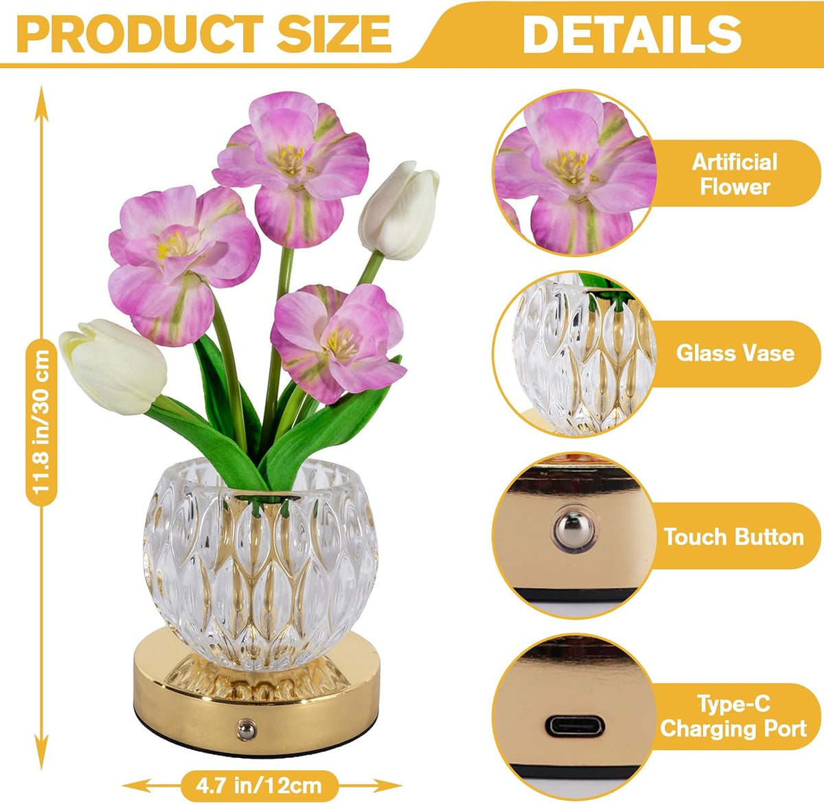 Flower Table Lamp, 3-Color Touch Dimming Tulip Glass Night Light, Rechargeable Artificial Flower Light, Desktop Ambient Light Romantic Gifts for Girls Women Mom (Pink-Sakura)