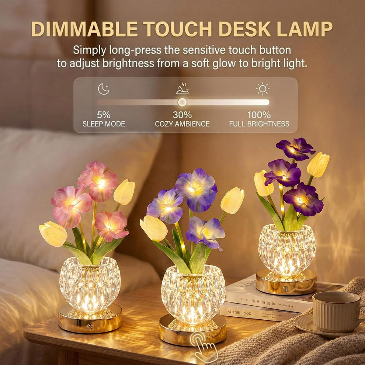 Flower Table Lamp, 3-Color Touch Dimming Tulip Glass Night Light, Rechargeable Artificial Flower Light, Desktop Ambient Light Romantic Gifts for Girls Women Mom (Pink-Sakura)