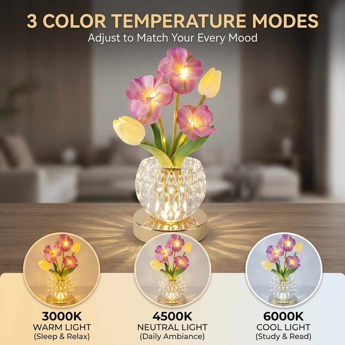 Flower Table Lamp, 3-Color Touch Dimming Tulip Glass Night Light, Rechargeable Artificial Flower Light, Desktop Ambient Light Romantic Gifts for Girls Women Mom (Pink-Sakura)