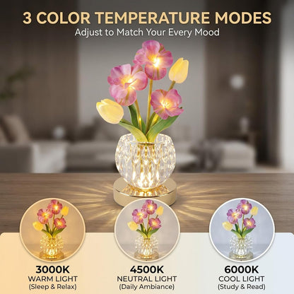 Flower Table Lamp, 3-Color Touch Dimming Tulip Glass Night Light, Rechargeable Artificial Flower Light, Desktop Ambient Light Romantic Gifts for Girls Women Mom (Pink-Sakura)