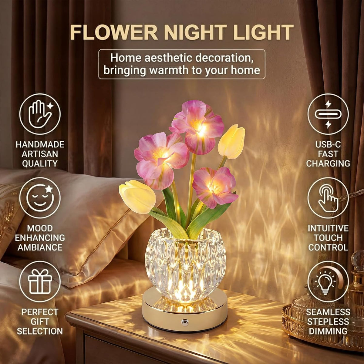 Flower Table Lamp, 3-Color Touch Dimming Tulip Glass Night Light, Rechargeable Artificial Flower Light, Desktop Ambient Light Romantic Gifts for Girls Women Mom (Pink-Sakura)