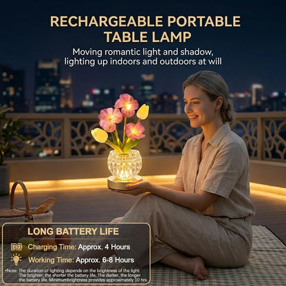 Flower Table Lamp, 3-Color Touch Dimming Tulip Glass Night Light, Rechargeable Artificial Flower Light, Desktop Ambient Light Romantic Gifts for Girls Women Mom (Pink-Sakura)