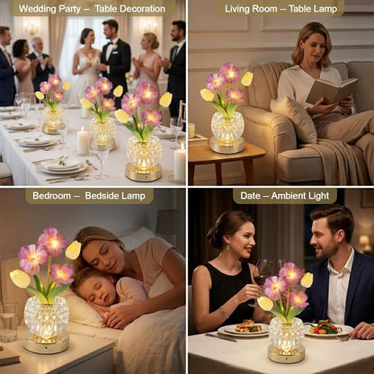Flower Table Lamp, 3-Color Touch Dimming Tulip Glass Night Light, Rechargeable Artificial Flower Light, Desktop Ambient Light Romantic Gifts for Girls Women Mom (Pink-Sakura)