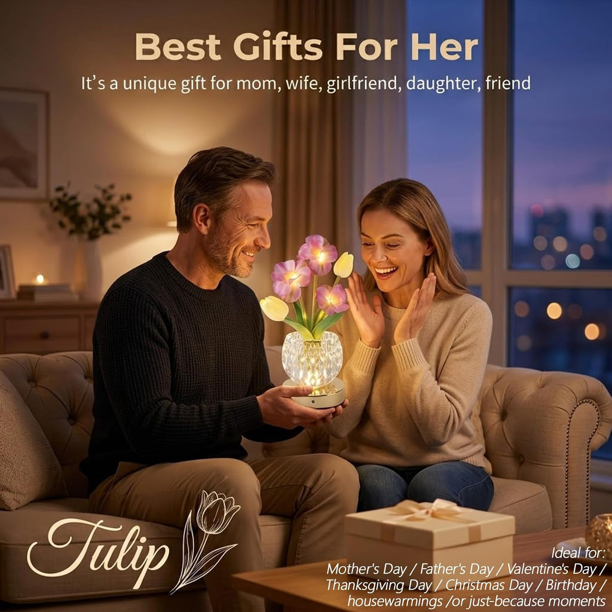 Flower Table Lamp, 3-Color Touch Dimming Tulip Glass Night Light, Rechargeable Artificial Flower Light, Desktop Ambient Light Romantic Gifts for Girls Women Mom (Pink-Sakura)