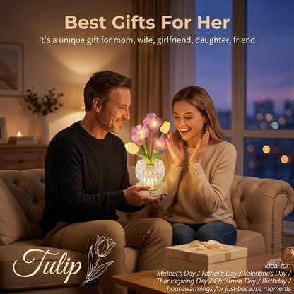 Flower Table Lamp, 3-Color Touch Dimming Tulip Glass Night Light, Rechargeable Artificial Flower Light, Desktop Ambient Light Romantic Gifts for Girls Women Mom (Pink-Sakura)