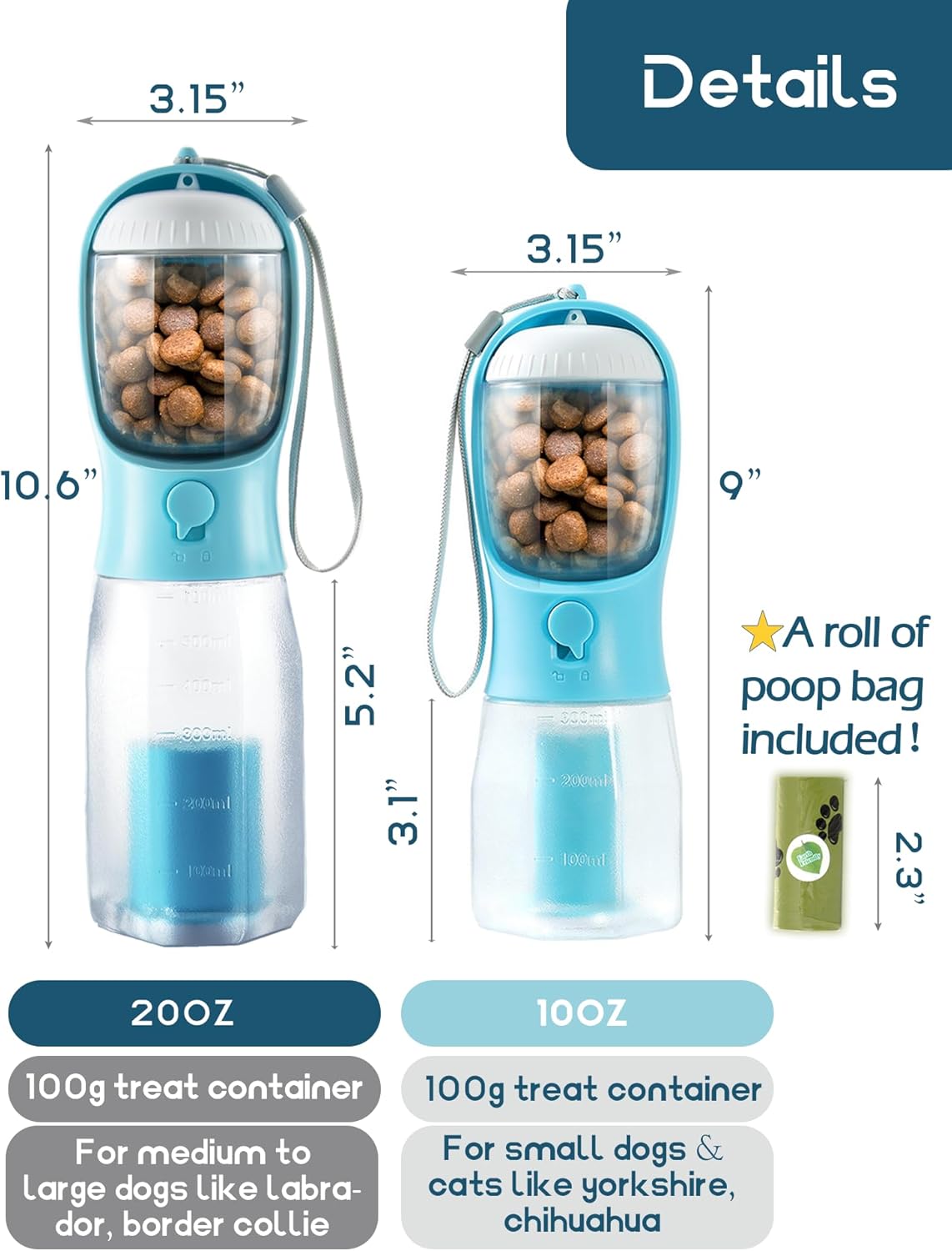 Portable Water Bottle for Small Dogs, 3 in 1 Animal Pet Travel Bowl Dispenser with Food Treat Container & Poop Bag Holder, Summer Hiking Walking Accessories for Puppy On The Go - Pink, 10oz
