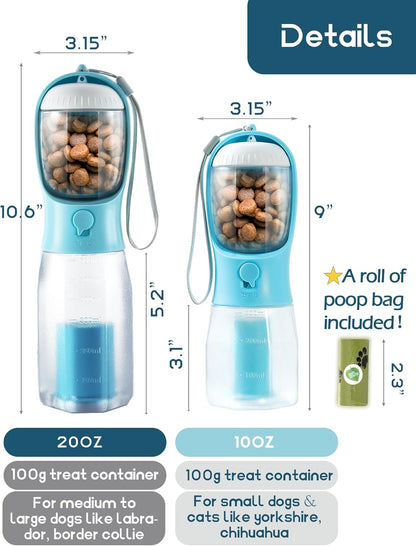Portable Water Bottle for Small Dogs, 3 in 1 Animal Pet Travel Bowl Dispenser with Food Treat Container & Poop Bag Holder, Summer Hiking Walking Accessories for Puppy On The Go - Pink, 10oz