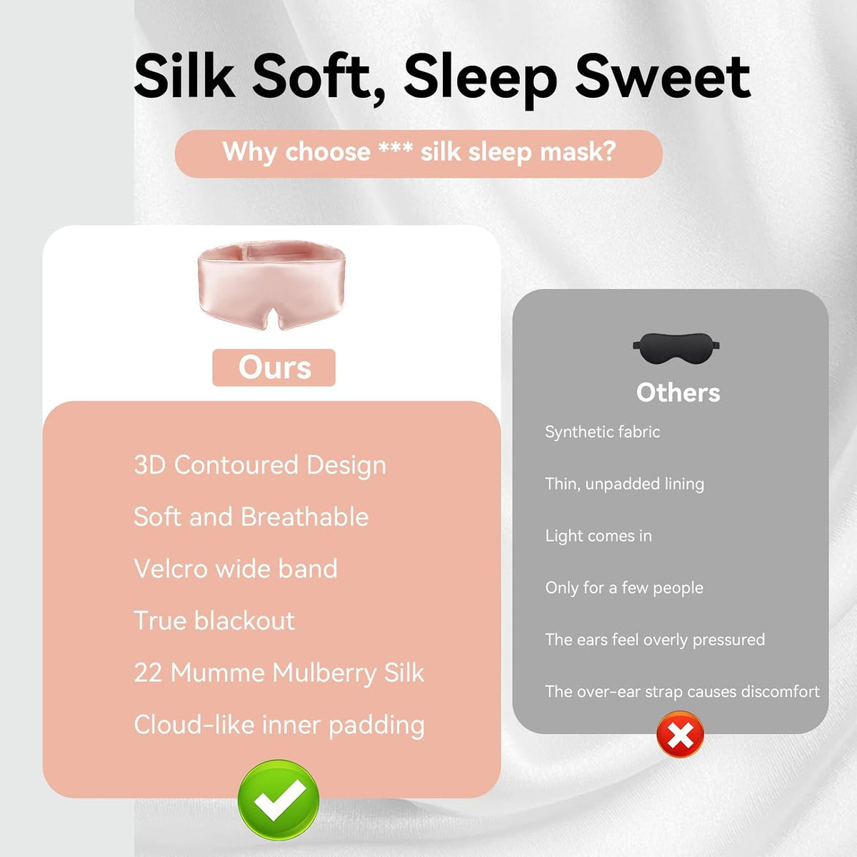 3D Silk Sleep Mask, Ultra Light and Soft Eye Mask for Side Sleeper, 22 Momme Mulberry Silk Eye Cover for Women and Men (Pale Pink)