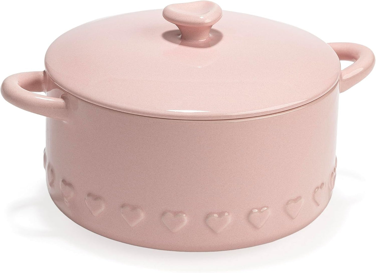Paris Hilton Iconic Ceramic Stoneware Casserole Dish With Lid, Oven Safe Up To 450°F, Dishwasher & Microwave Safe, 28oz, Pink with Embossed Heart Design