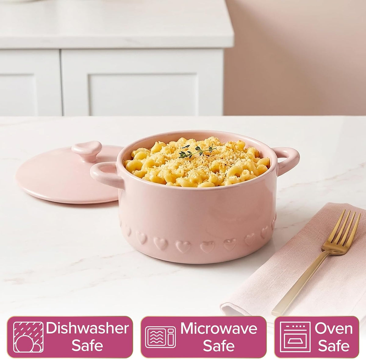 Paris Hilton Iconic Ceramic Stoneware Casserole Dish With Lid, Oven Safe Up To 450°F, Dishwasher & Microwave Safe, 28oz, Pink with Embossed Heart Design