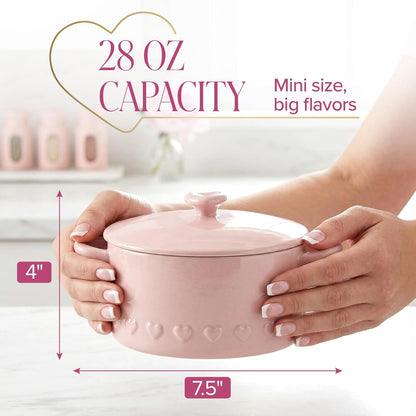 Paris Hilton Iconic Ceramic Stoneware Casserole Dish With Lid, Oven Safe Up To 450°F, Dishwasher & Microwave Safe, 28oz, Pink with Embossed Heart Design