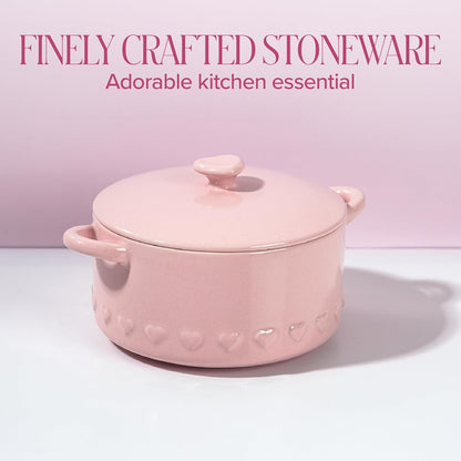 Paris Hilton Iconic Ceramic Stoneware Casserole Dish With Lid, Oven Safe Up To 450°F, Dishwasher & Microwave Safe, 28oz, Pink with Embossed Heart Design