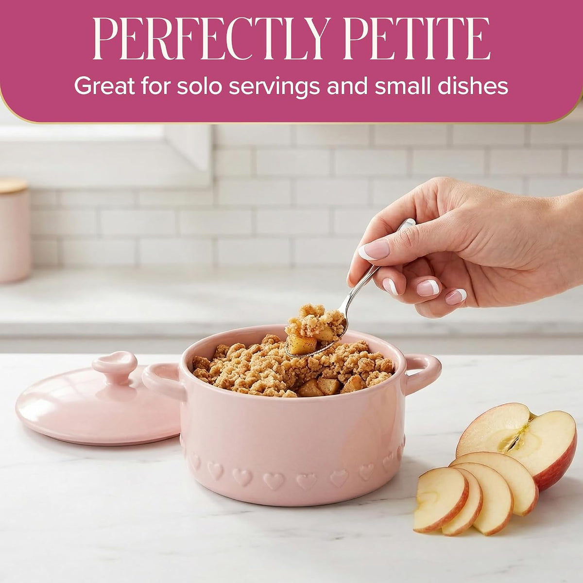 Paris Hilton Iconic Ceramic Stoneware Casserole Dish With Lid, Oven Safe Up To 450°F, Dishwasher & Microwave Safe, 28oz, Pink with Embossed Heart Design