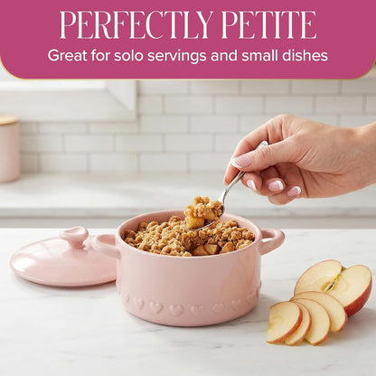 Paris Hilton Iconic Ceramic Stoneware Casserole Dish With Lid, Oven Safe Up To 450°F, Dishwasher & Microwave Safe, 28oz, Pink with Embossed Heart Design