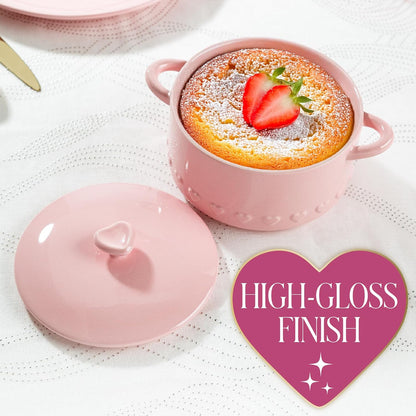 Paris Hilton Iconic Ceramic Stoneware Casserole Dish With Lid, Oven Safe Up To 450°F, Dishwasher & Microwave Safe, 28oz, Pink with Embossed Heart Design