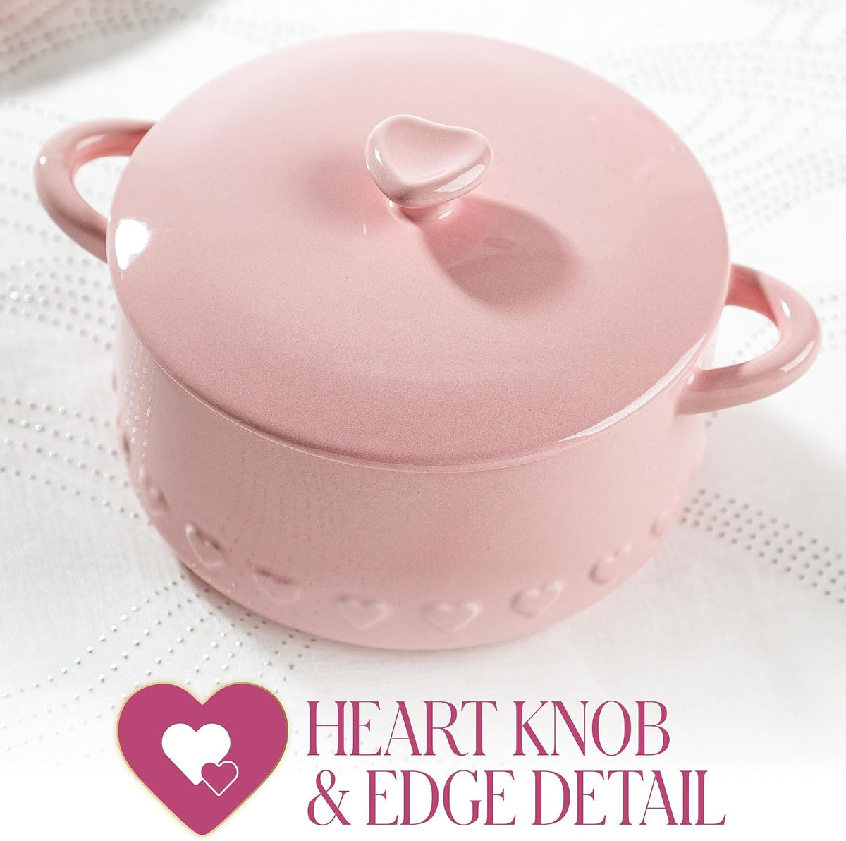Paris Hilton Iconic Ceramic Stoneware Casserole Dish With Lid, Oven Safe Up To 450°F, Dishwasher & Microwave Safe, 28oz, Pink with Embossed Heart Design