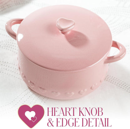 Paris Hilton Iconic Ceramic Stoneware Casserole Dish With Lid, Oven Safe Up To 450°F, Dishwasher & Microwave Safe, 28oz, Pink with Embossed Heart Design