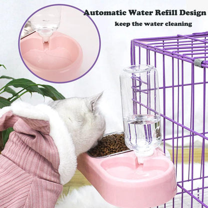 Crate Dog Cat Bowls, Dog Water and Food Bowl Set with Detachable Stainless Steel Bowl and Automatic Water Dispenser Bottle, Hanging Pet Cage Kennel Food Water Feeder Bowls for Puppy Cat Rabbite Birds