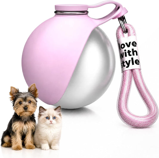 Portable Dog Water Bottle for Walking, 10oz Stainless Steel Pet Water Dispenser with Foldable Silicone Bowl, Leak-Proof Puppy Water Bottle for Small Dogs&Cats,Travel Hiking Outdoor Use(Pink)