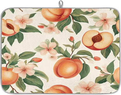 Peaches Dish Drying Mat Flowers Leaves Kitchen Counter Mat 18" x 24" Microfiber Absorbent Dry Mat for Coffee Bar Non-Slip Dishes Pad