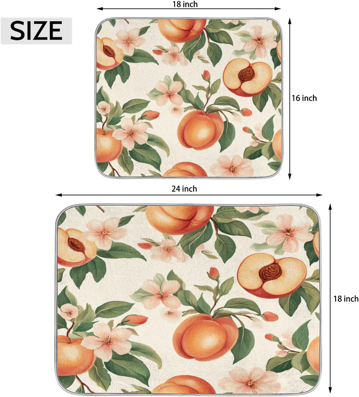 Peaches Dish Drying Mat Flowers Leaves Kitchen Counter Mat 18" x 24" Microfiber Absorbent Dry Mat for Coffee Bar Non-Slip Dishes Pad