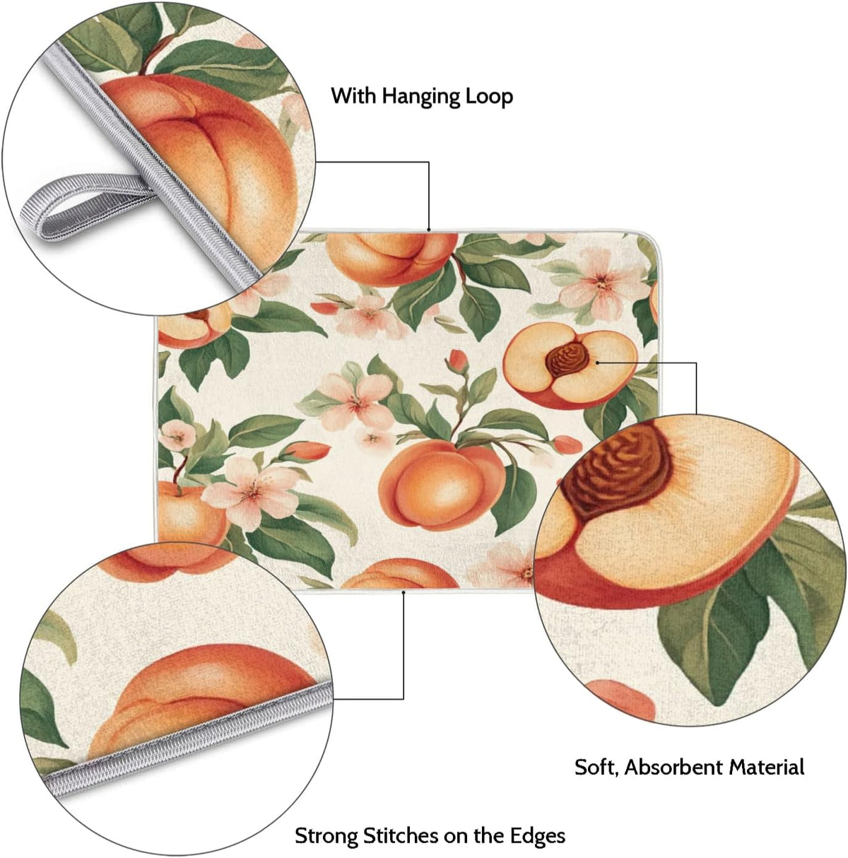 Peaches Dish Drying Mat Flowers Leaves Kitchen Counter Mat 18" x 24" Microfiber Absorbent Dry Mat for Coffee Bar Non-Slip Dishes Pad
