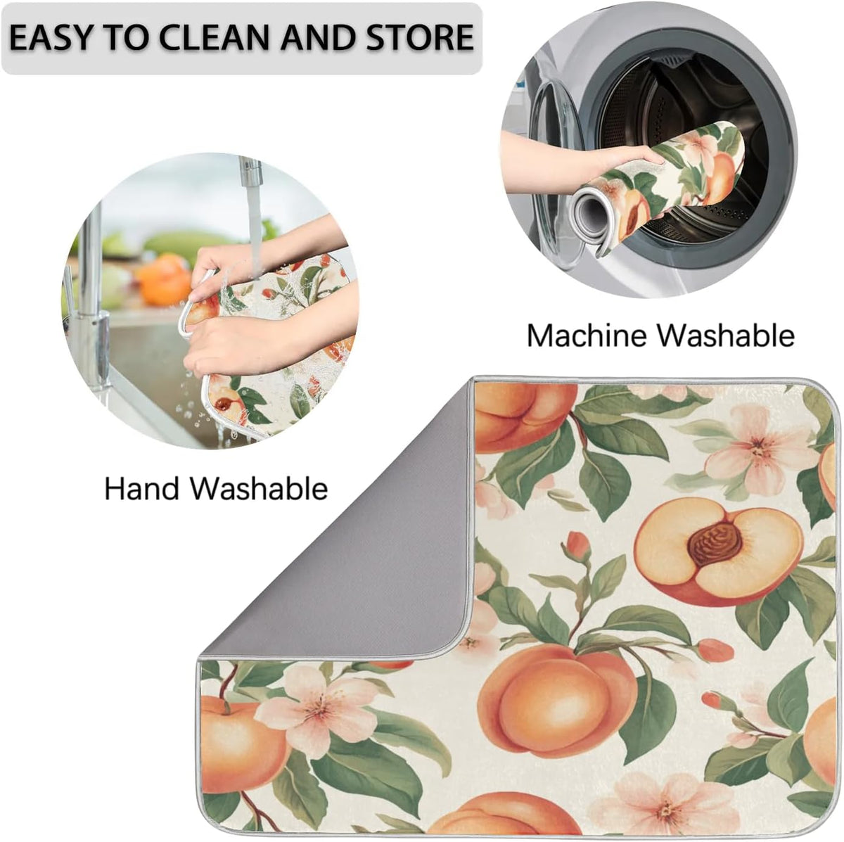Peaches Dish Drying Mat Flowers Leaves Kitchen Counter Mat 18" x 24" Microfiber Absorbent Dry Mat for Coffee Bar Non-Slip Dishes Pad