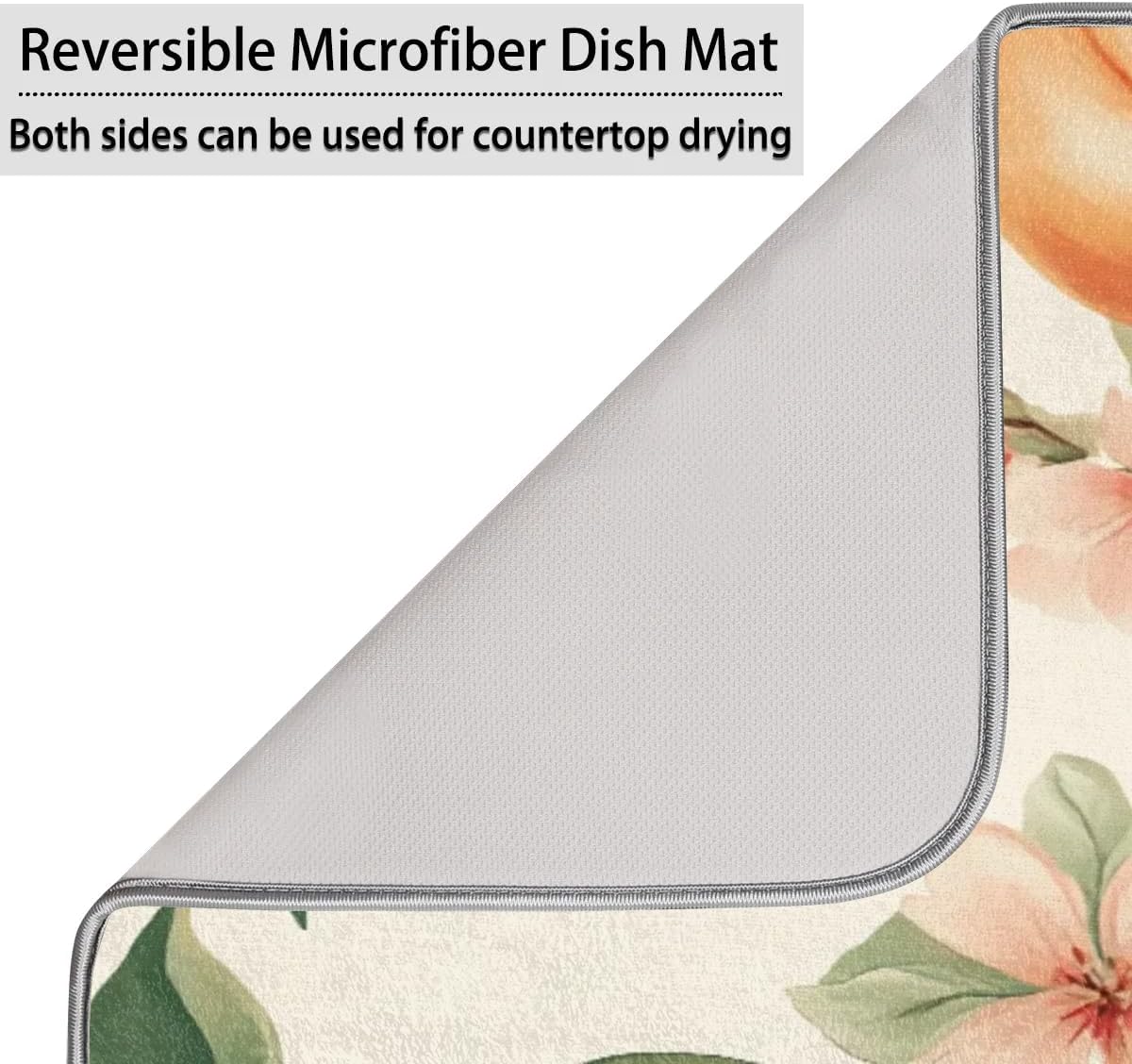 Peaches Dish Drying Mat Flowers Leaves Kitchen Counter Mat 18" x 24" Microfiber Absorbent Dry Mat for Coffee Bar Non-Slip Dishes Pad