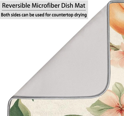 Peaches Dish Drying Mat Flowers Leaves Kitchen Counter Mat 18" x 24" Microfiber Absorbent Dry Mat for Coffee Bar Non-Slip Dishes Pad