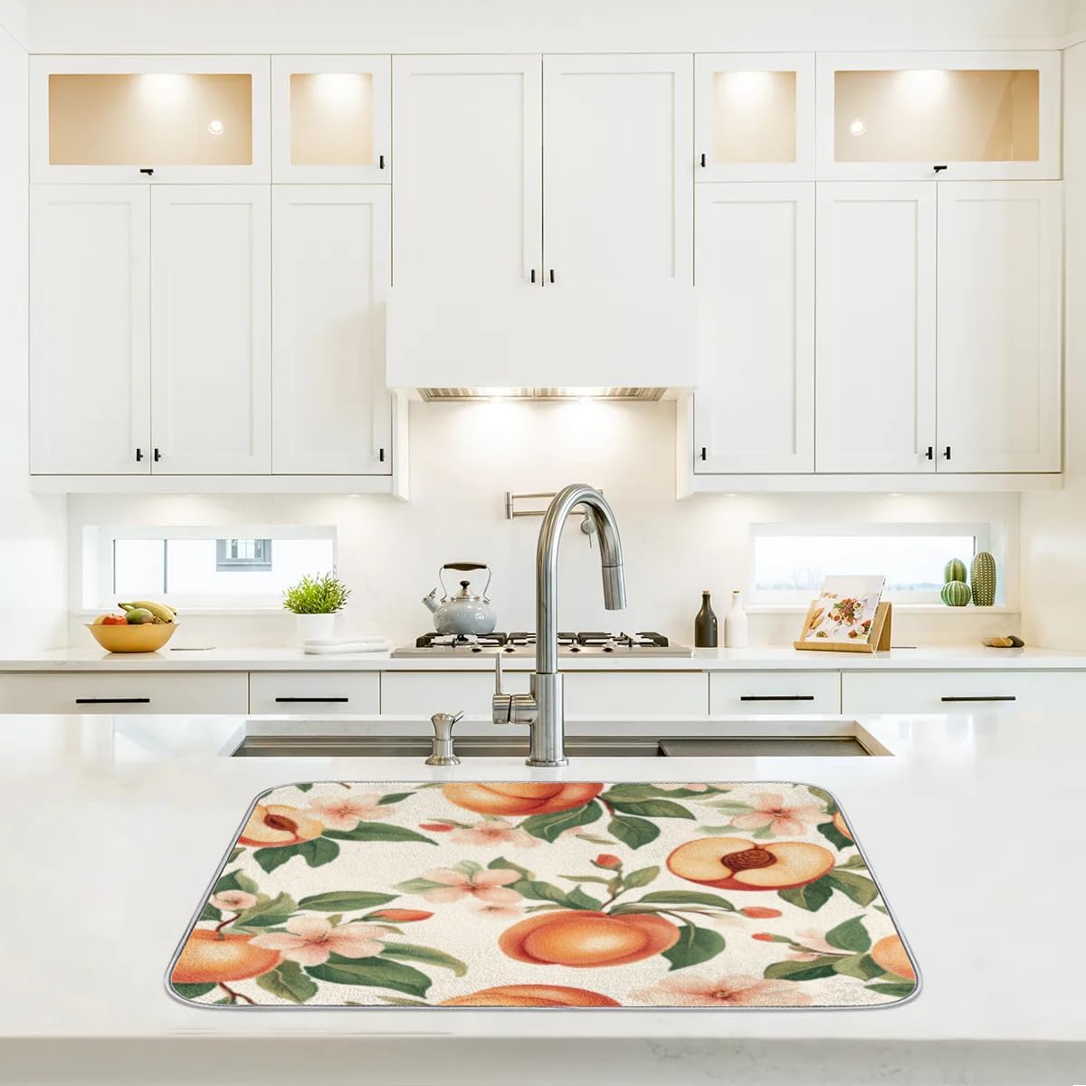 Peaches Dish Drying Mat Flowers Leaves Kitchen Counter Mat 18" x 24" Microfiber Absorbent Dry Mat for Coffee Bar Non-Slip Dishes Pad