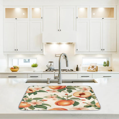 Peaches Dish Drying Mat Flowers Leaves Kitchen Counter Mat 18" x 24" Microfiber Absorbent Dry Mat for Coffee Bar Non-Slip Dishes Pad