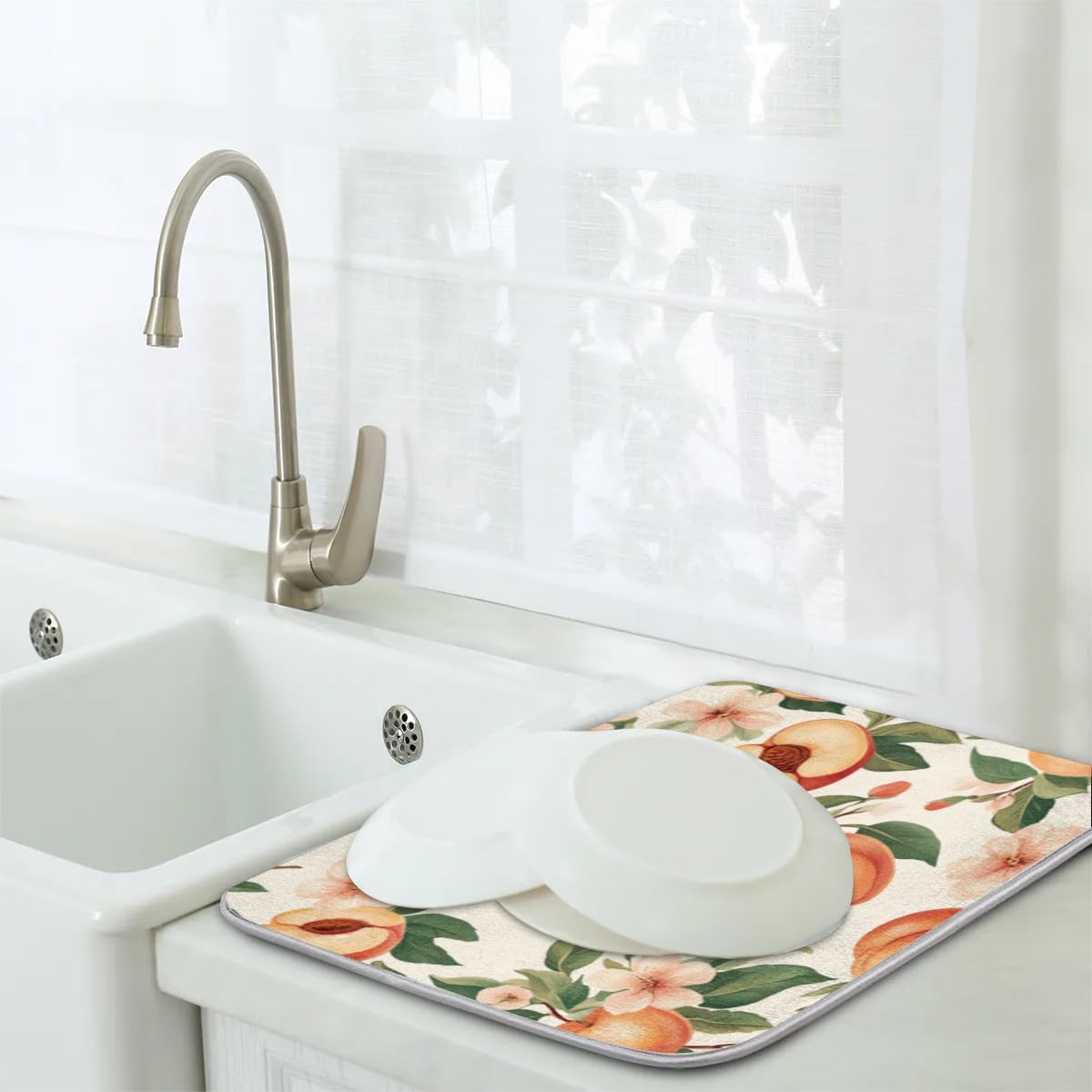 Peaches Dish Drying Mat Flowers Leaves Kitchen Counter Mat 18" x 24" Microfiber Absorbent Dry Mat for Coffee Bar Non-Slip Dishes Pad