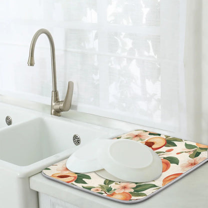 Peaches Dish Drying Mat Flowers Leaves Kitchen Counter Mat 18" x 24" Microfiber Absorbent Dry Mat for Coffee Bar Non-Slip Dishes Pad
