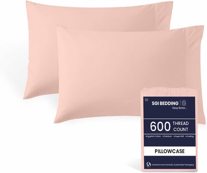 Queen Size Pillow Cases Set of 2, 600 Thread Count 100% Egyptian Cotton Peach Pillow Covers, Soft Hotel Quality, Open Closure, Shrink & Fade Resistant