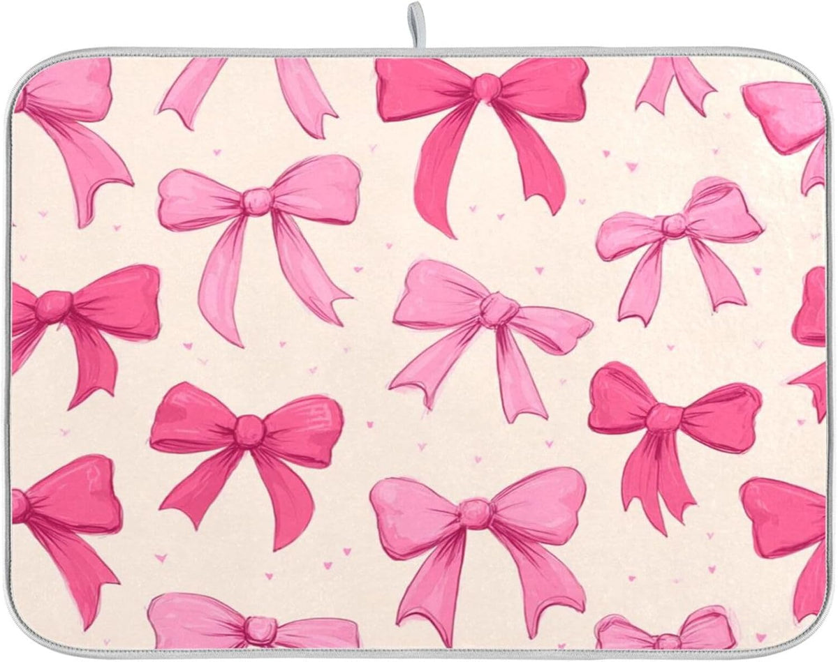 Pink Bows on A Light Dish Drying Mat Kitchen Counter Mat Draining Mat Kitchen Accessories Dish Rack Pad for Dishes, Utensils, Countertops, Sinks 16x18in