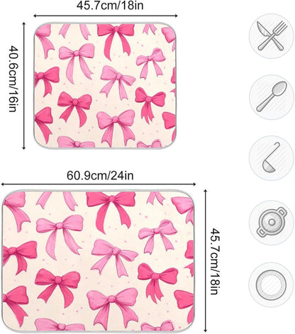Pink Bows on A Light Dish Drying Mat Kitchen Counter Mat Draining Mat Kitchen Accessories Dish Rack Pad for Dishes, Utensils, Countertops, Sinks 16x18in