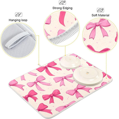 Pink Bows on A Light Dish Drying Mat Kitchen Counter Mat Draining Mat Kitchen Accessories Dish Rack Pad for Dishes, Utensils, Countertops, Sinks 16x18in