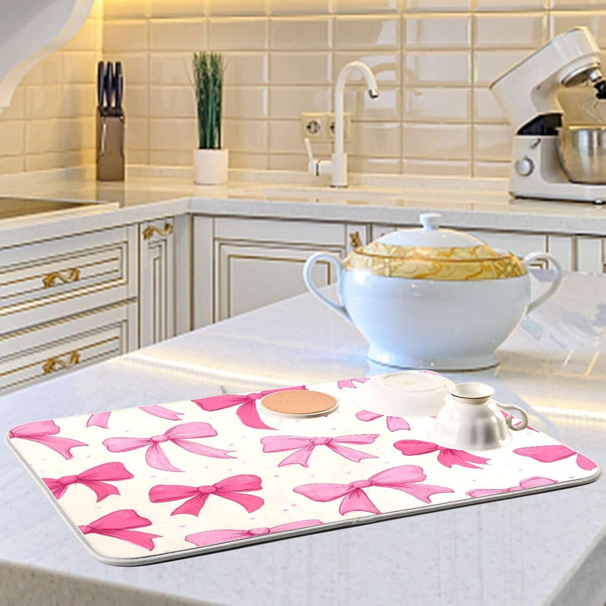 Pink Bows on A Light Dish Drying Mat Kitchen Counter Mat Draining Mat Kitchen Accessories Dish Rack Pad for Dishes, Utensils, Countertops, Sinks 16x18in