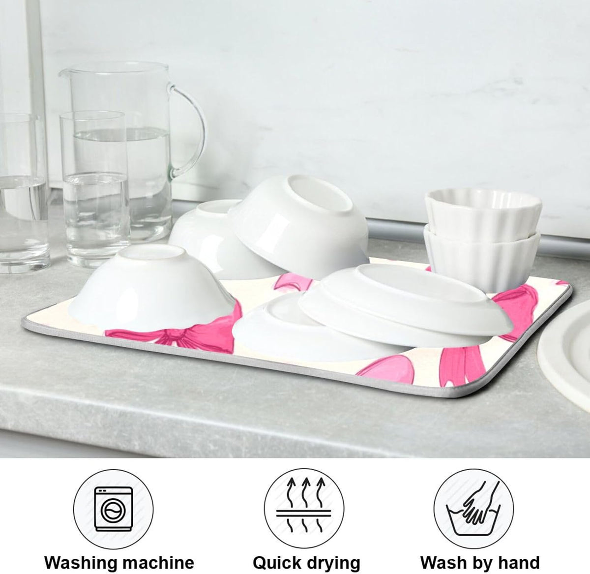 Pink Bows on A Light Dish Drying Mat Kitchen Counter Mat Draining Mat Kitchen Accessories Dish Rack Pad for Dishes, Utensils, Countertops, Sinks 16x18in