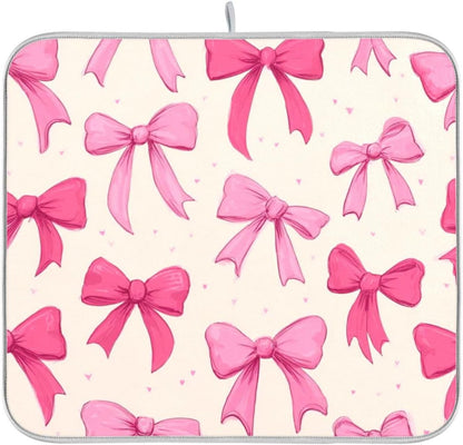 Pink Bows on A Light Dish Drying Mat Kitchen Counter Mat Draining Mat Kitchen Accessories Dish Rack Pad for Dishes, Utensils, Countertops, Sinks 16x18in
