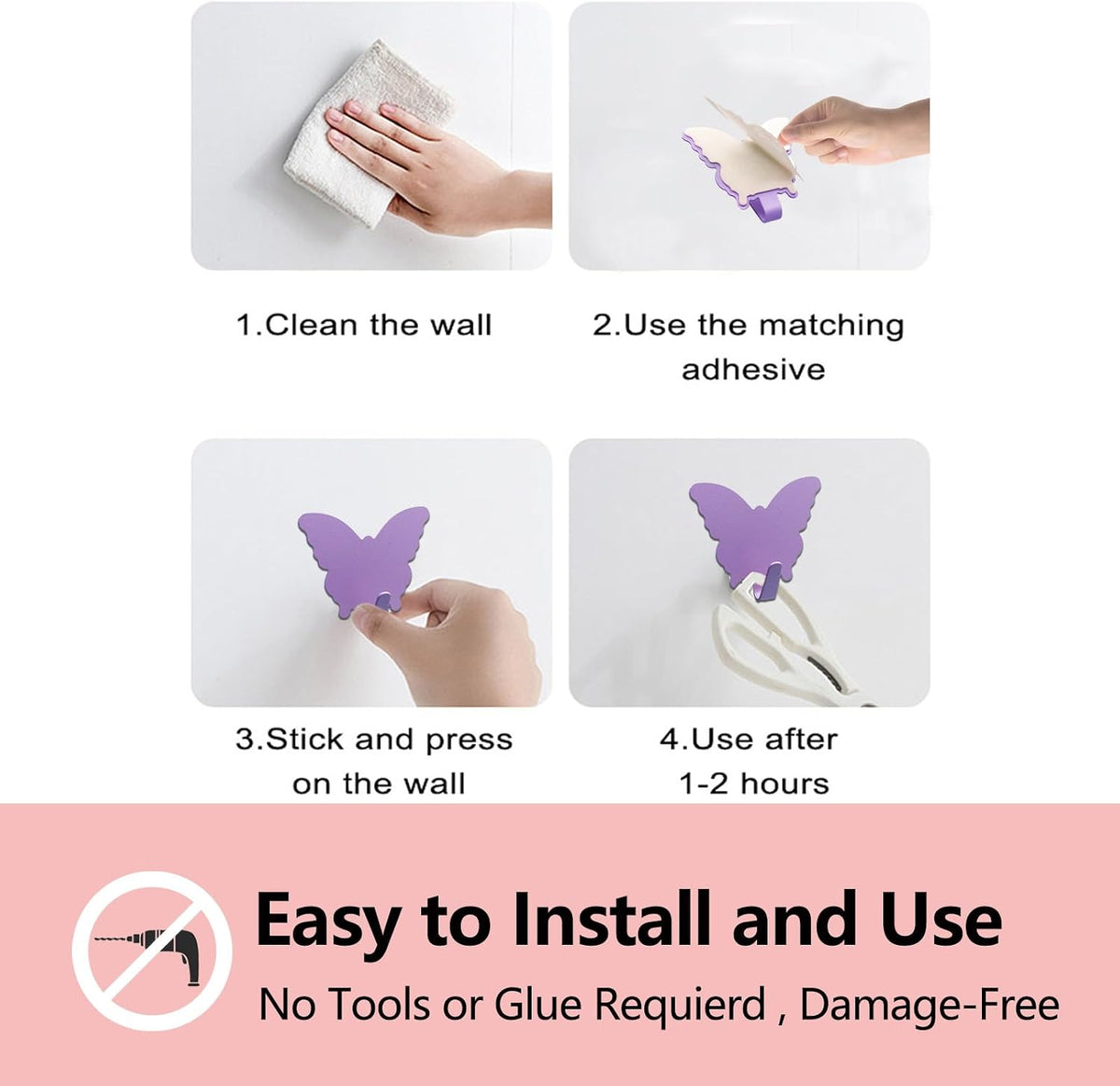 8-Pack Cute Adhesive Wall Hooks, Small Butterfly Decor Hooks for Hanging