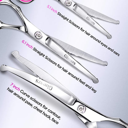 Professional 4CR Stainless Steel 6 in 1 Grooming Scissors for Dogs with Safety Round Tip, Heavy Duty Titanium Coated Pet Grooming Scissor for Dogs, Cats and Other Animals