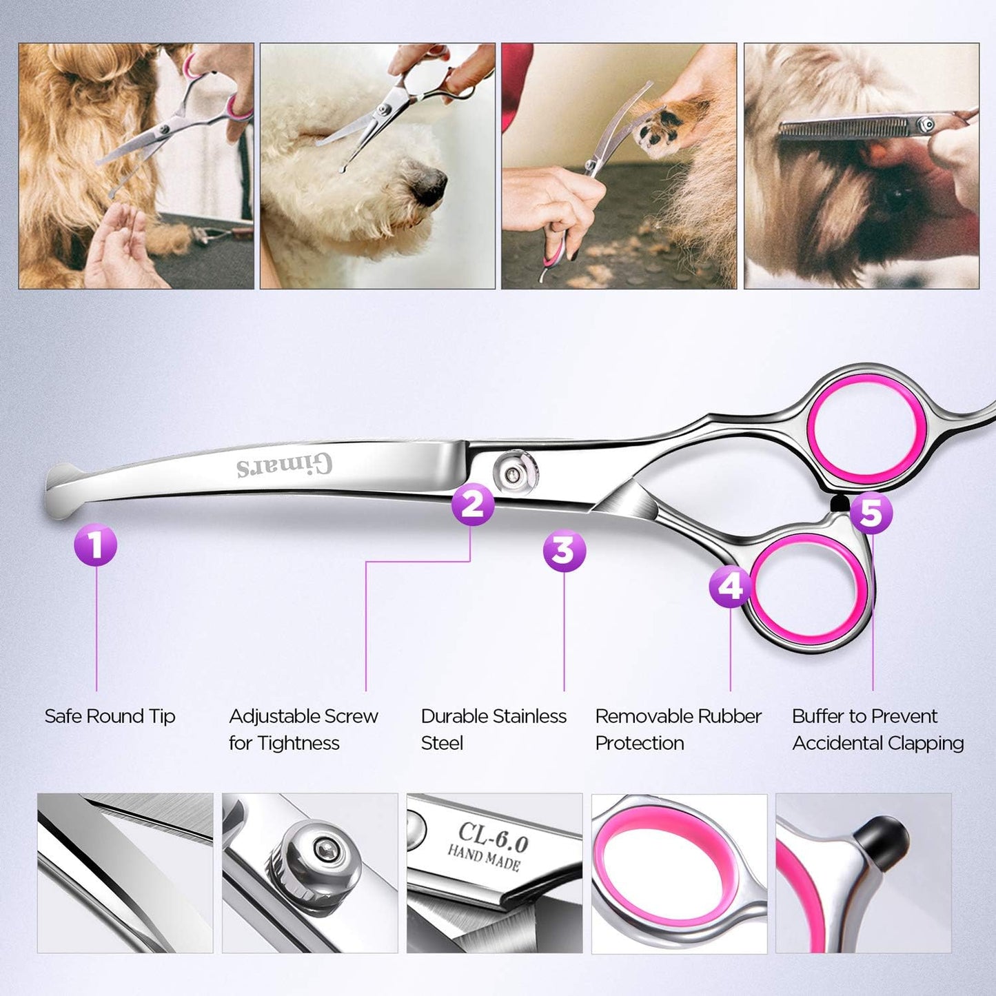 Professional 4CR Stainless Steel 6 in 1 Grooming Scissors for Dogs with Safety Round Tip, Heavy Duty Titanium Coated Pet Grooming Scissor for Dogs, Cats and Other Animals