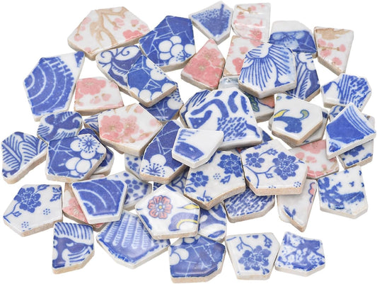 Irregular Ceramic Mosaic Tiles, 200g/0.44lb Broken Porcelain Mosaic Tiles Bulk Irregular Glazed for DIY Art Craft Making Home Decor, Blue/Pink Multi